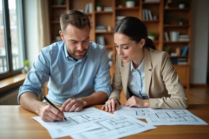 Deux copropriétaires en indivision étudiant des documents immobiliers ensemble autour d'une table en bois dans un appartement moderne