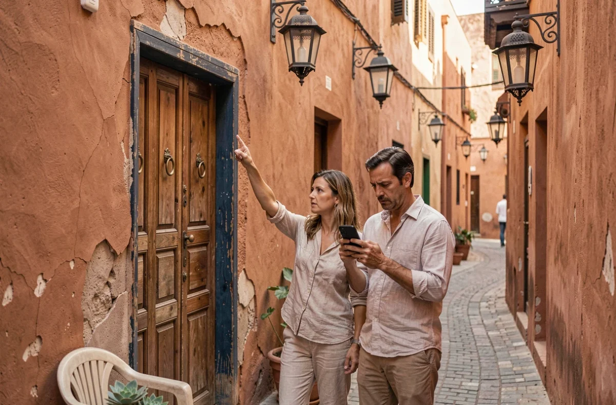 Couple européen inspectant la façade fissurée d'un riad à vendre dans une ruelle typique de la médina de Marrakech avant achat immobilier