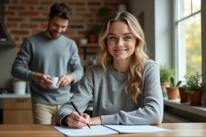 Femme remplissant un formulaire administratif chez un ami dans une cuisine moderne et conviviale