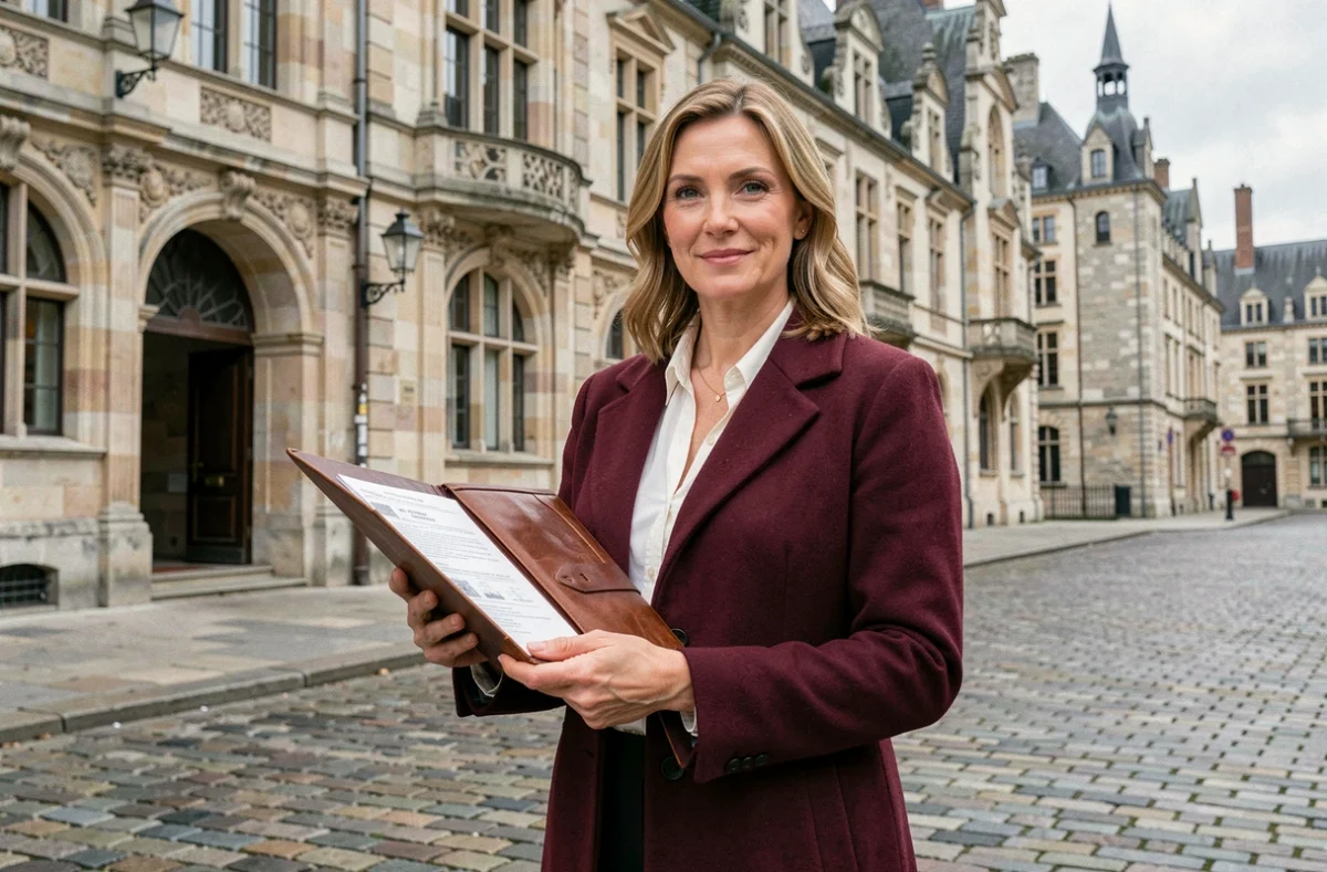 Consultante de L'Agence d'Arras tenant un portfolio immobilier devant les façades historiques de la Place des Héros à Arras dans l'Artois