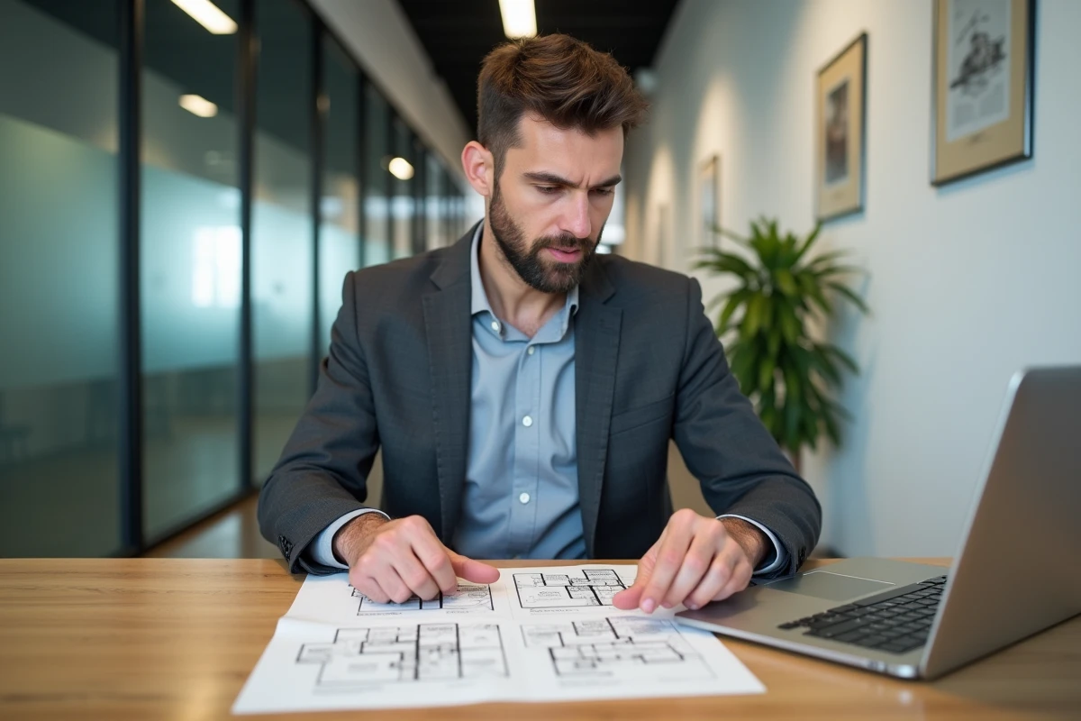 Agent commercial immobilier masculin analysant des annonces immobilières dans un bureau moderne