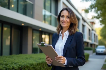 Agent commerciale immobilière devant un immeuble résidentiel moderne tenant des documents de vente