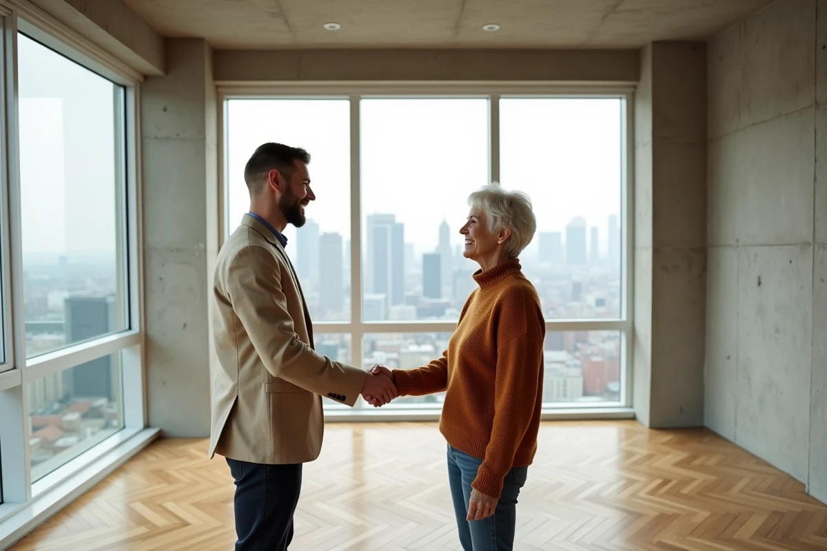 Agent commercial immobilier et cliente concluant une transaction dans un appartement moderne avec vue sur la ville