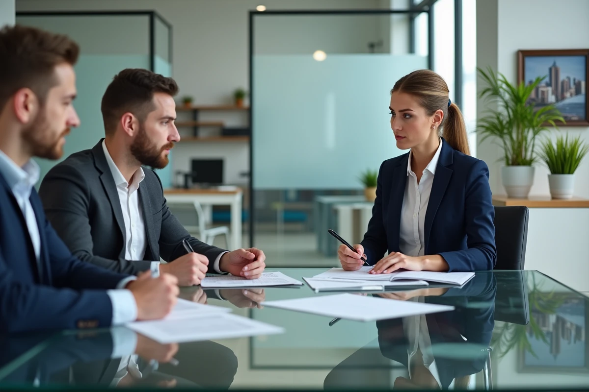 Agent immobilier présentant un contrat d'achat en indivision à deux acquéreurs dans une agence immobilière moderne