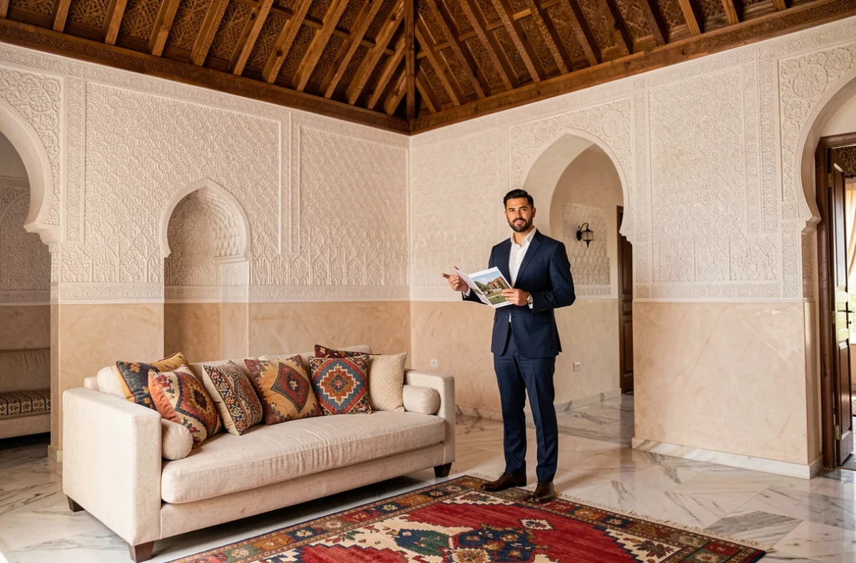 Agent immobilier présentant l'intérieur luxueux d'une villa à vendre à Marrakech avec décoration marocaine traditionnelle