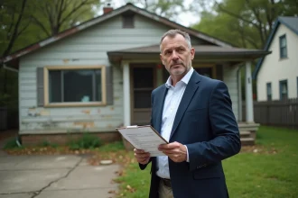 Agent immobilier devant une maison en mauvais état avec façade dégradée et jardin à l'abandon