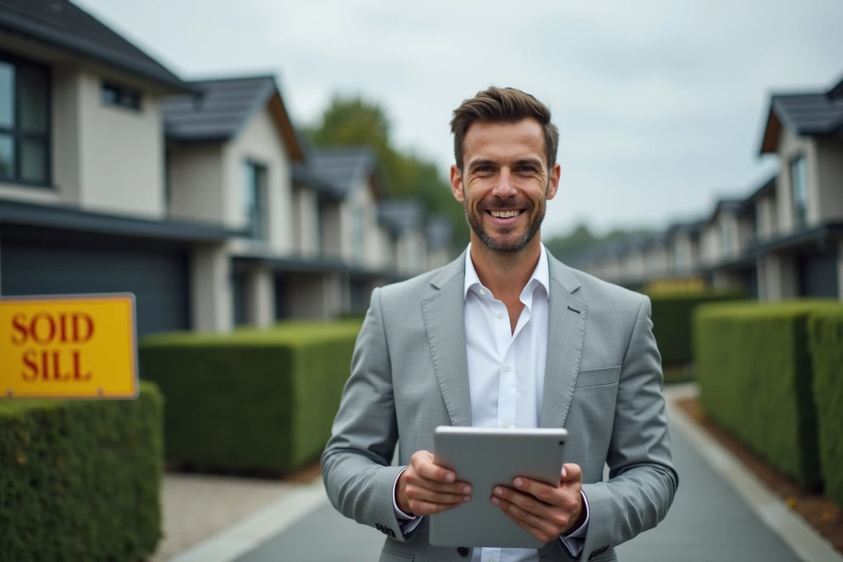 Agent immobilier tenant une tablette avec un plan marketing digital devant une propriété résidentielle à vendre