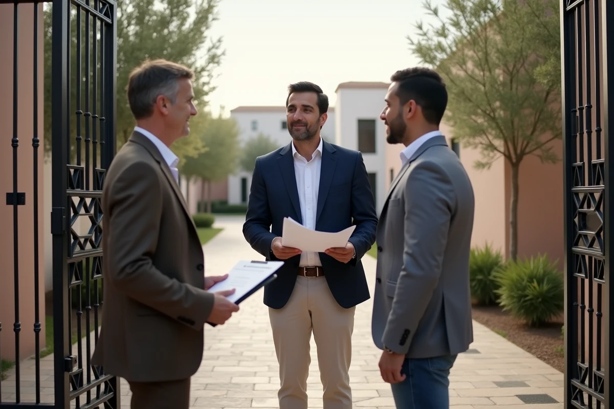 Agent immobilier présentant une villa en résidence sécurisée à Marrakech à des acheteurs européens devant le portail d'entrée