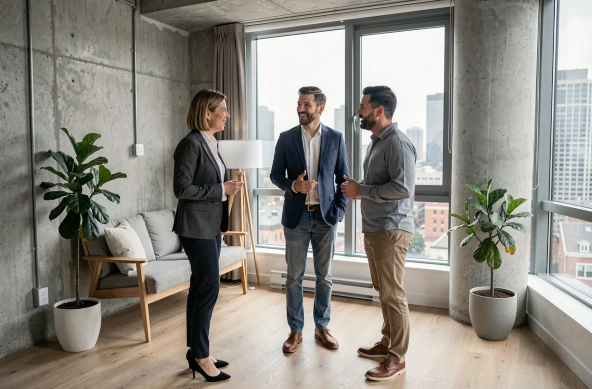 Agente immobilière présentant un appartement meublé moderne à des investisseurs potentiels pour la location saisonnière en ville