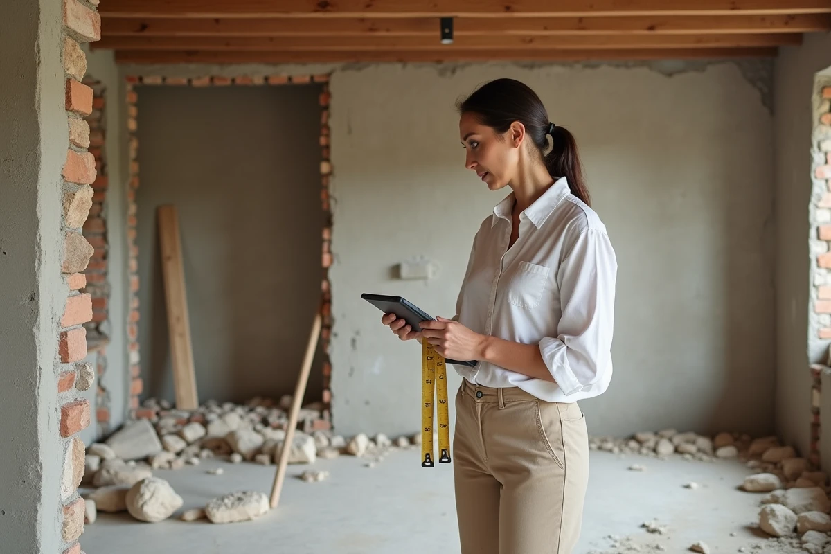 Designer d'intérieur dans une vieille maison en cours d'agrandissement avec mur en pierre apparent et poutre métallique
