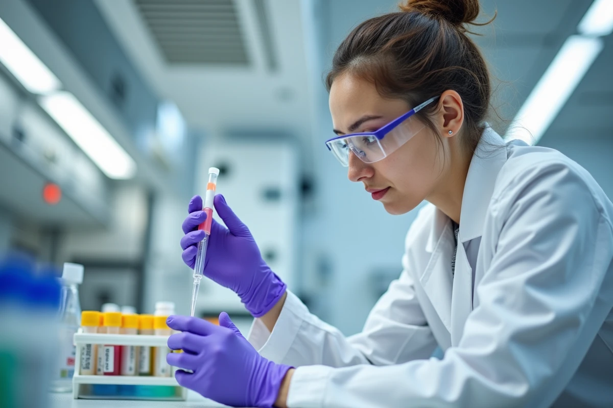 Technicienne de laboratoire analysant un échantillon prélevé pour un diagnostic amiante dans un environnement scientifique