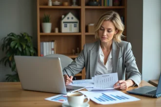 Femme analysant la rentabilité d'un bien locatif avec des documents financiers sur un bureau en bois