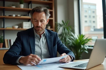Homme analysant la rentabilité d'un investissement immobilier locatif sur son bureau à domicile