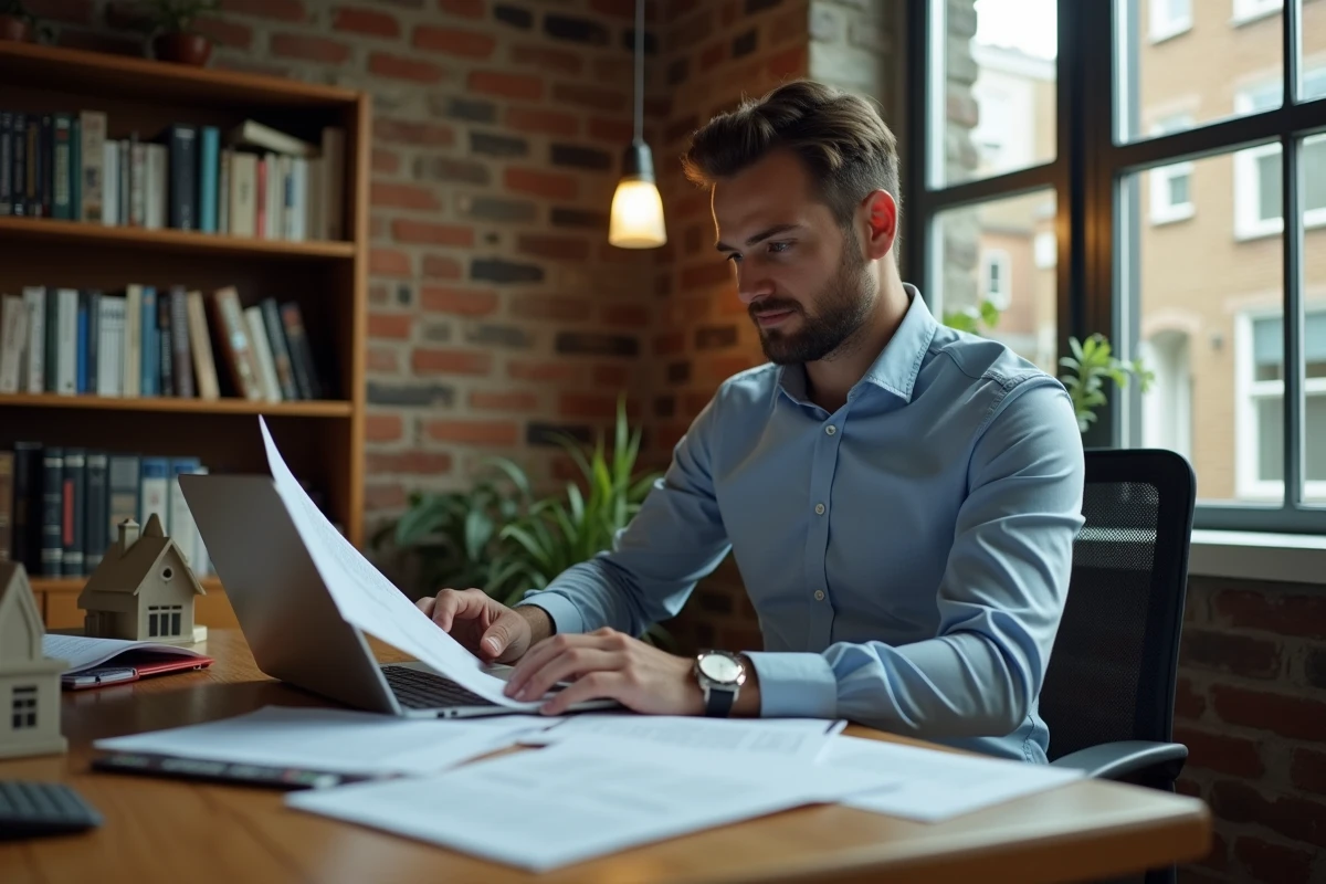 Homme analysant la rentabilité d'un investissement locatif dans un bureau à domicile