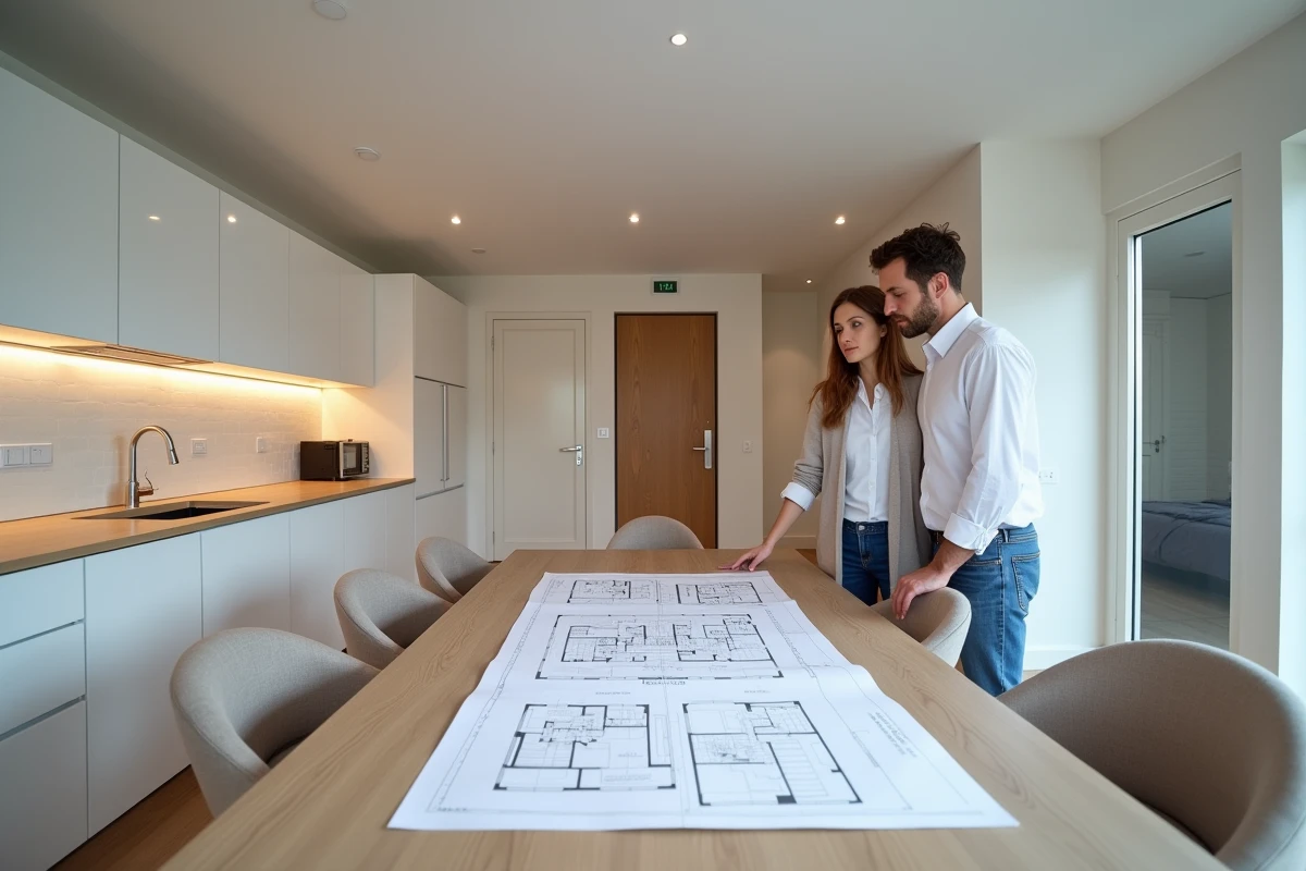 Couple examinant les plans d'un appartement deux pièces moderne avec cuisine ouverte et salle à manger aménagée