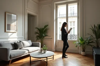 Femme consultant des documents dans un appartement haussmannien lumineux avec parquet en chevrons et hauts plafonds moulurés
