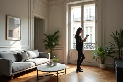 Femme consultant des documents dans un appartement haussmannien lumineux avec parquet en chevrons et hauts plafonds moulurés