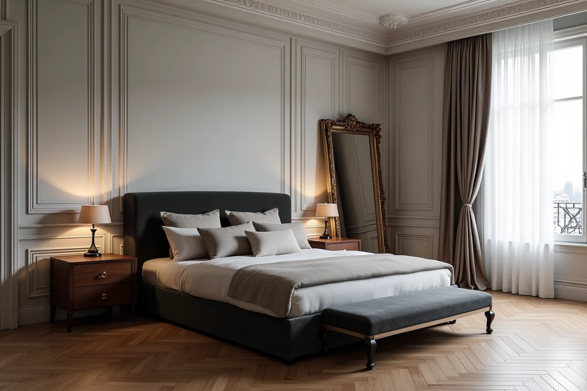 Chambre principale d'un appartement de luxe haussmannien à Paris avec parquet en chevrons, moulures au plafond et mobilier en velours anthracite