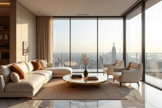 Salon d'un appartement de luxe penthouse avec vue panoramique sur la ville et mobilier haut de gamme en marbre et cuir crème
