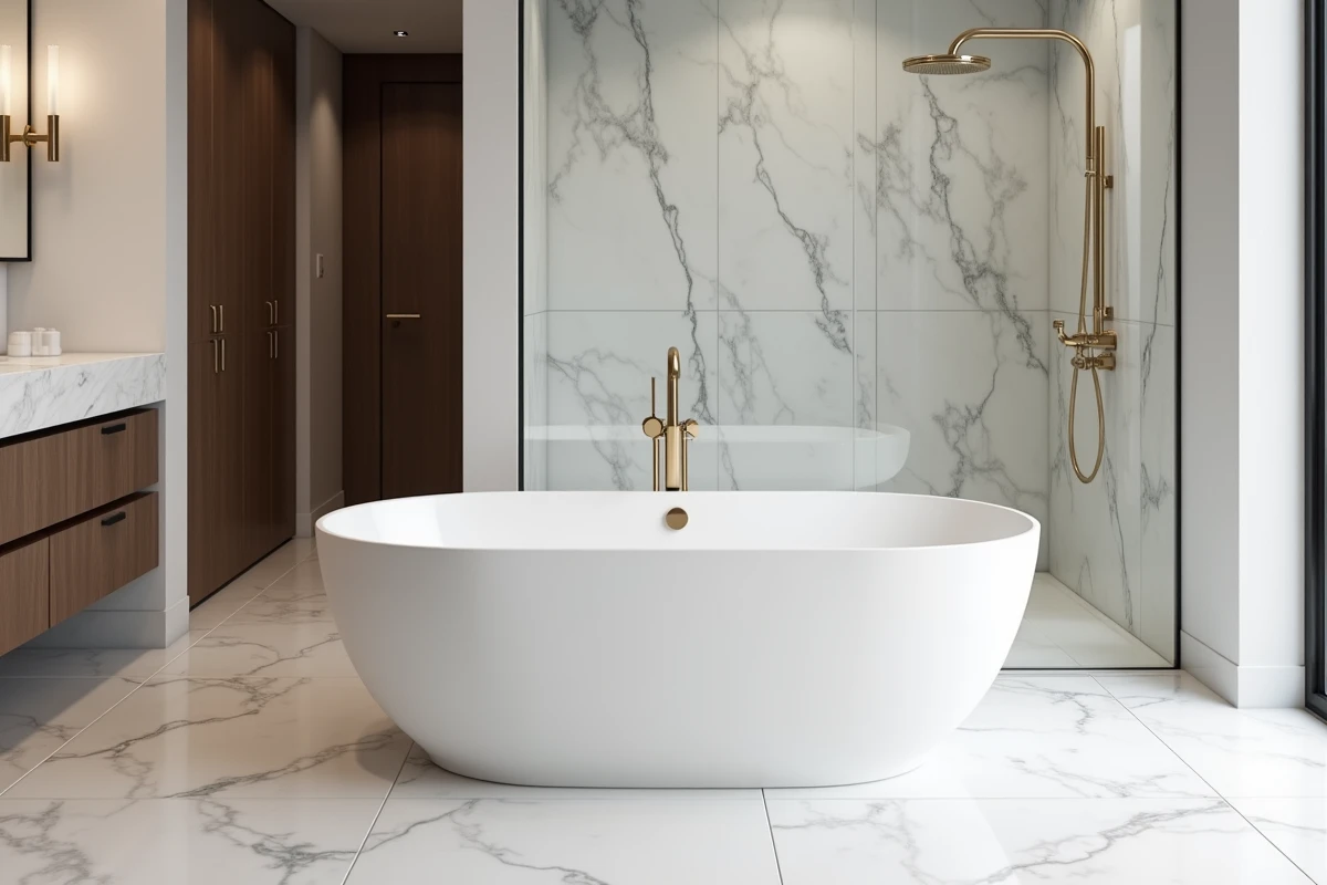 Salle de bain d'un appartement de luxe avec baignoire îlot ovale, carrelage en marbre Calacatta et robinetterie en laiton brossé