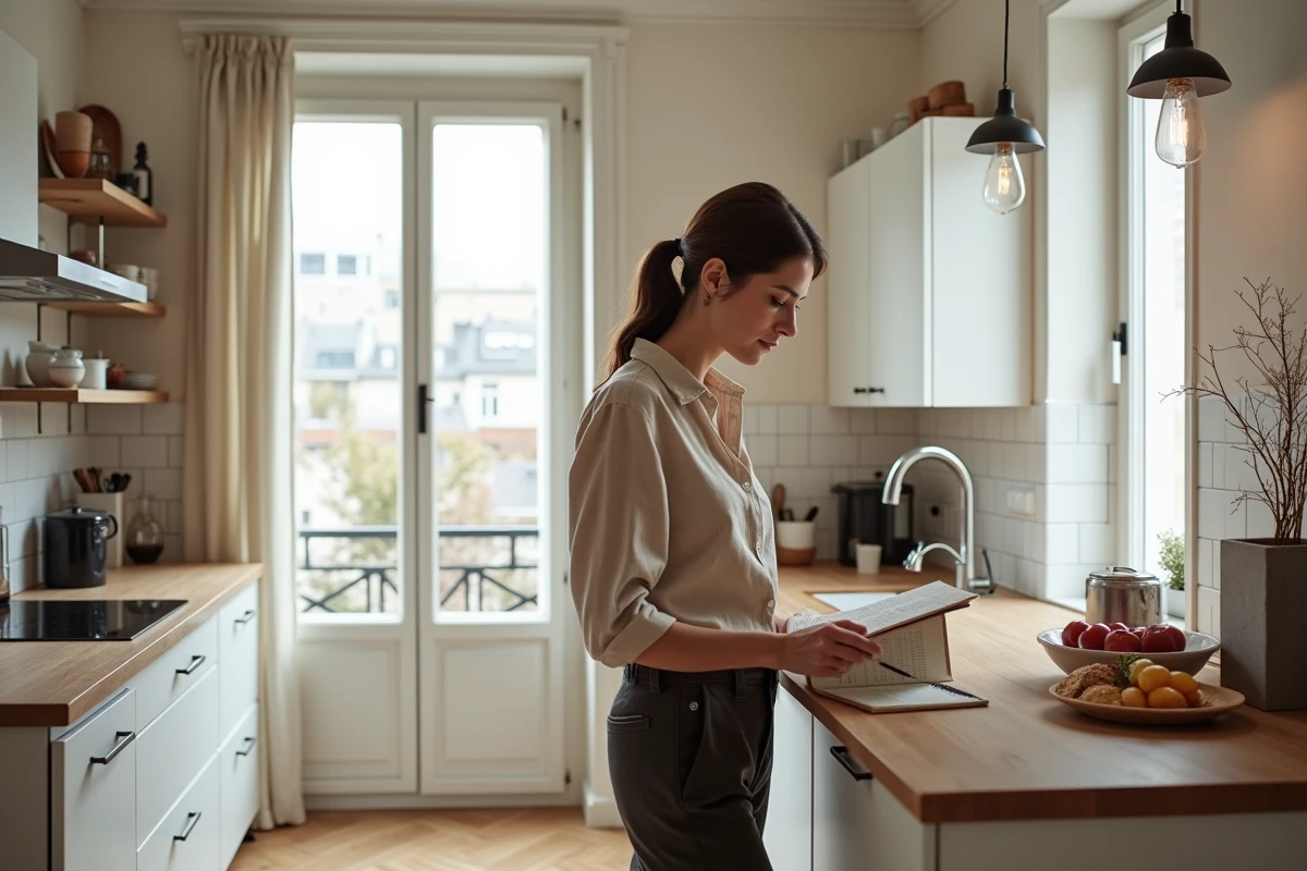 Appartement parisien contemporain avec cuisine ouverte et vue sur les toits typiques de Paris