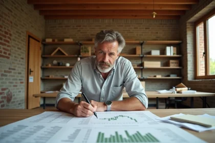 Architecte analysant des devis de construction pour une maison ossature bois avec des plans détaillés sur un bureau en bois
