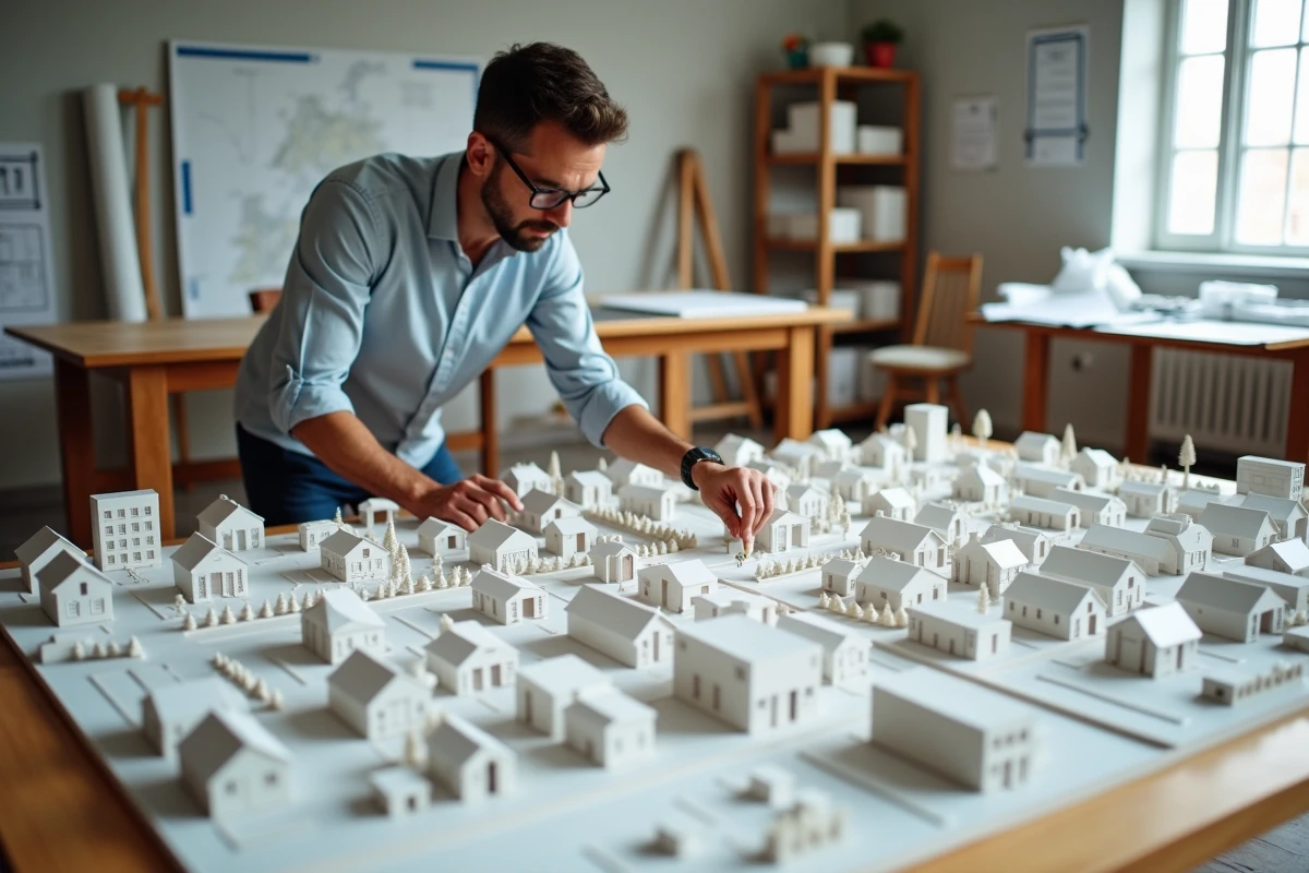Architecte examinant une maquette de quartier résidentiel pour déterminer le meilleur emplacement pour construire une maison selon des critères d'urbanisme
