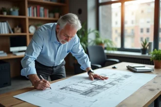 Architecte examinant des plans de terrasse sur un bureau en bois dans un bureau professionnel
