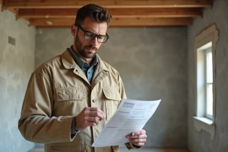 Artisan en veste de travail consultant une facture de rénovation dans une cuisine en cours de travaux avec murs replâtrés et poutres apparentes