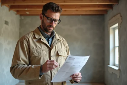 Artisan en veste de travail consultant une facture de rénovation dans une cuisine en cours de travaux avec murs replâtrés et poutres apparentes