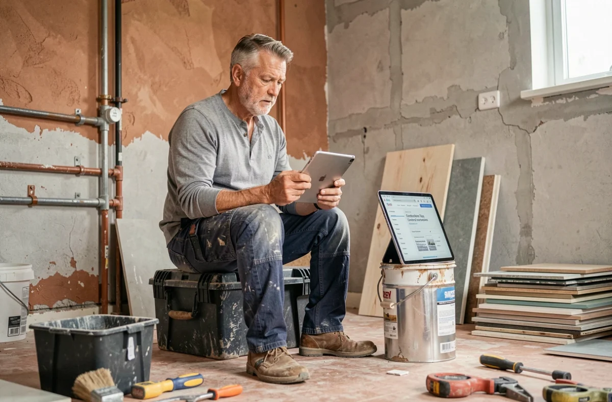 Artisan du bâtiment consultant un site web de conseils travaux sur tablette dans un chantier de rénovation cuisine