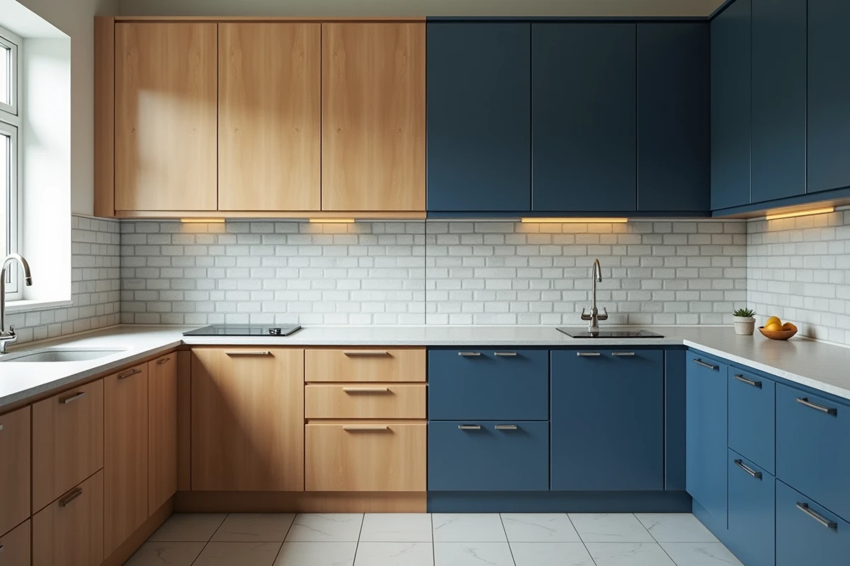 Comparaison avant-après d'une rénovation de cuisine avec anciens meubles en stratifié et nouveaux meubles bleu marine
