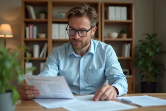 Homme consultant son avis d'impôt pour une location en dispositif Pinel à son bureau à domicile