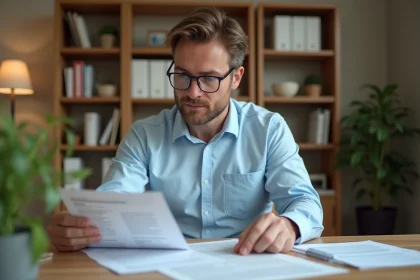 Homme consultant son avis d'impôt pour une location en dispositif Pinel à son bureau à domicile