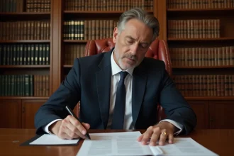 Avocat spécialisé en droit hypothécaire examinant un contrat de prêt immobilier dans son cabinet juridique