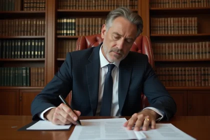 Avocat spécialisé en droit hypothécaire examinant un contrat de prêt immobilier dans son cabinet juridique