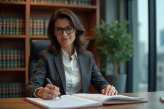 Avocate spécialisée en immobilier examinant un contrat juridique dans un bureau professionnel