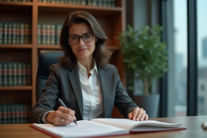 Avocate spécialisée en immobilier examinant un contrat juridique dans un bureau professionnel