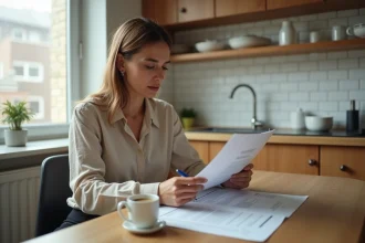 Femme calculant son budget loyer à partir de son salaire mensuel dans une cuisine d'appartement