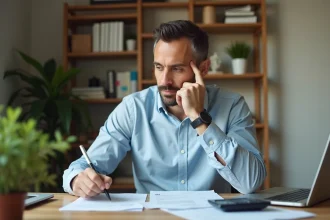 Homme consultant des documents de remboursement anticipé avec une calculatrice sur un bureau en bois