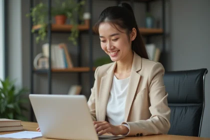 Femme professionnelle déposant sa candidature en ligne via un téléservice sur son ordinateur portable dans un bureau moderne