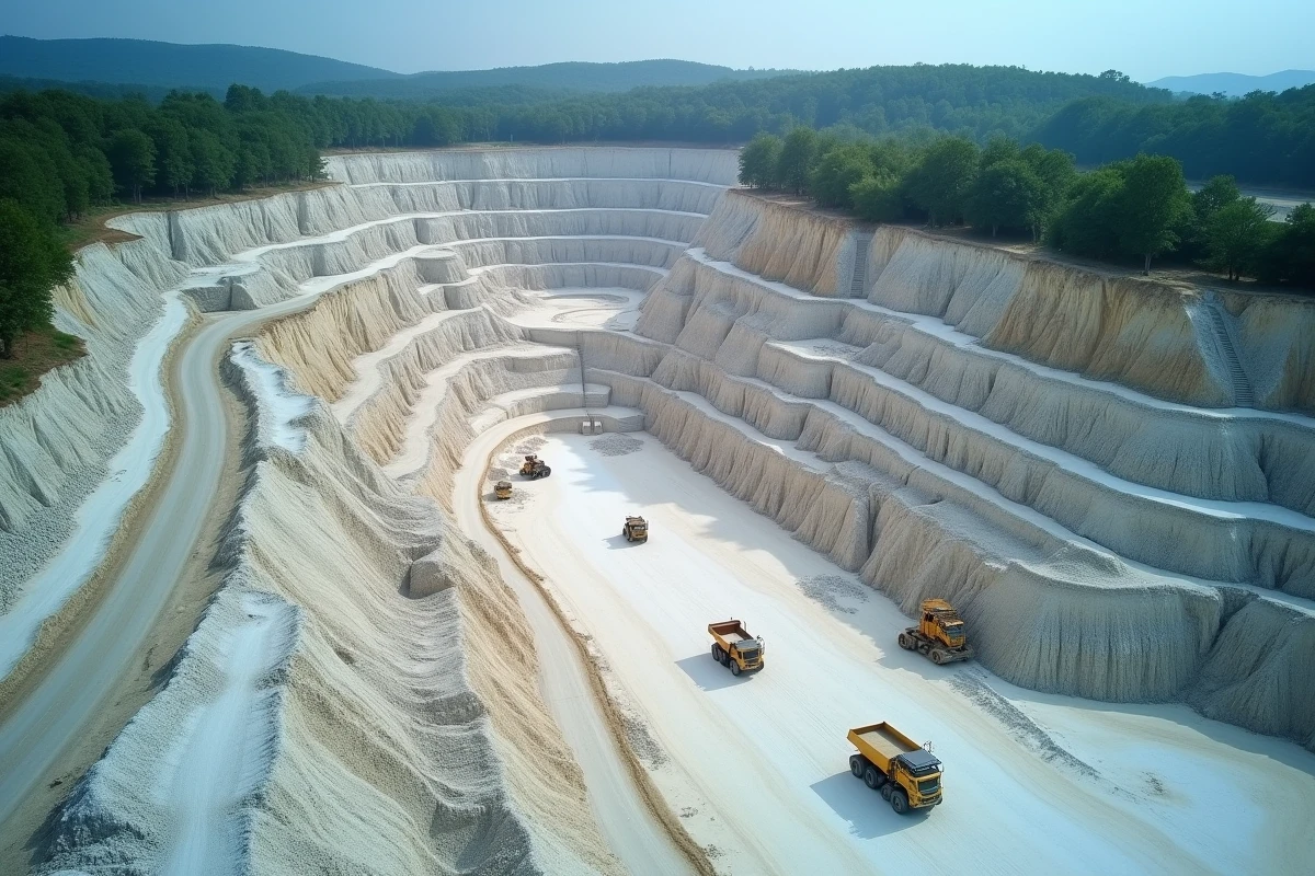 Vue aérienne d'une carrière de calcaire à ciel ouvert avec terrasses rocheuses et engins miniers, représentant l'extraction destructrice pour la production de ciment