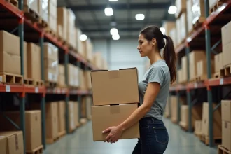 Femme examinant des cartons de déménagement dans un magasin de bricolage