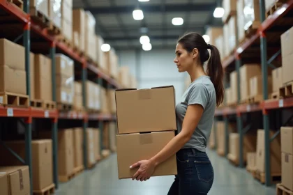 Femme examinant des cartons de déménagement dans un magasin de bricolage