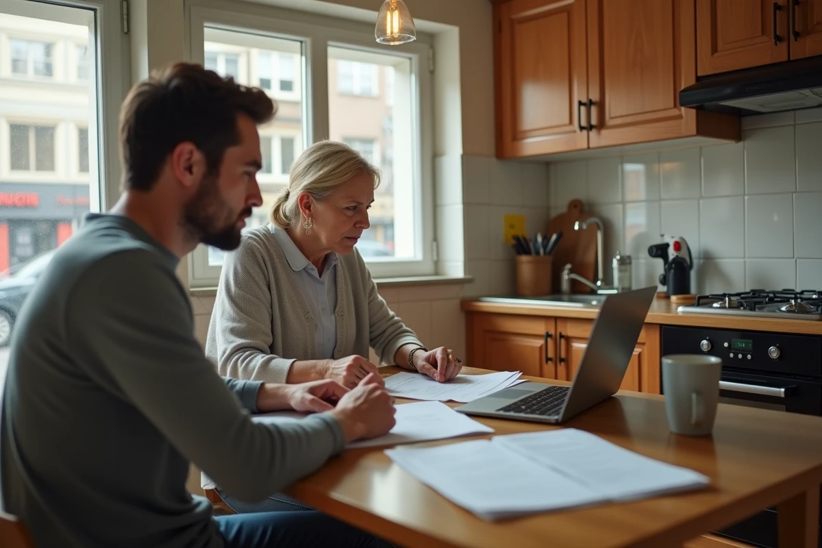 Deux adultes étudiant un contrat de garantie locative sur ordinateur portable à la table de cuisine d'un appartement