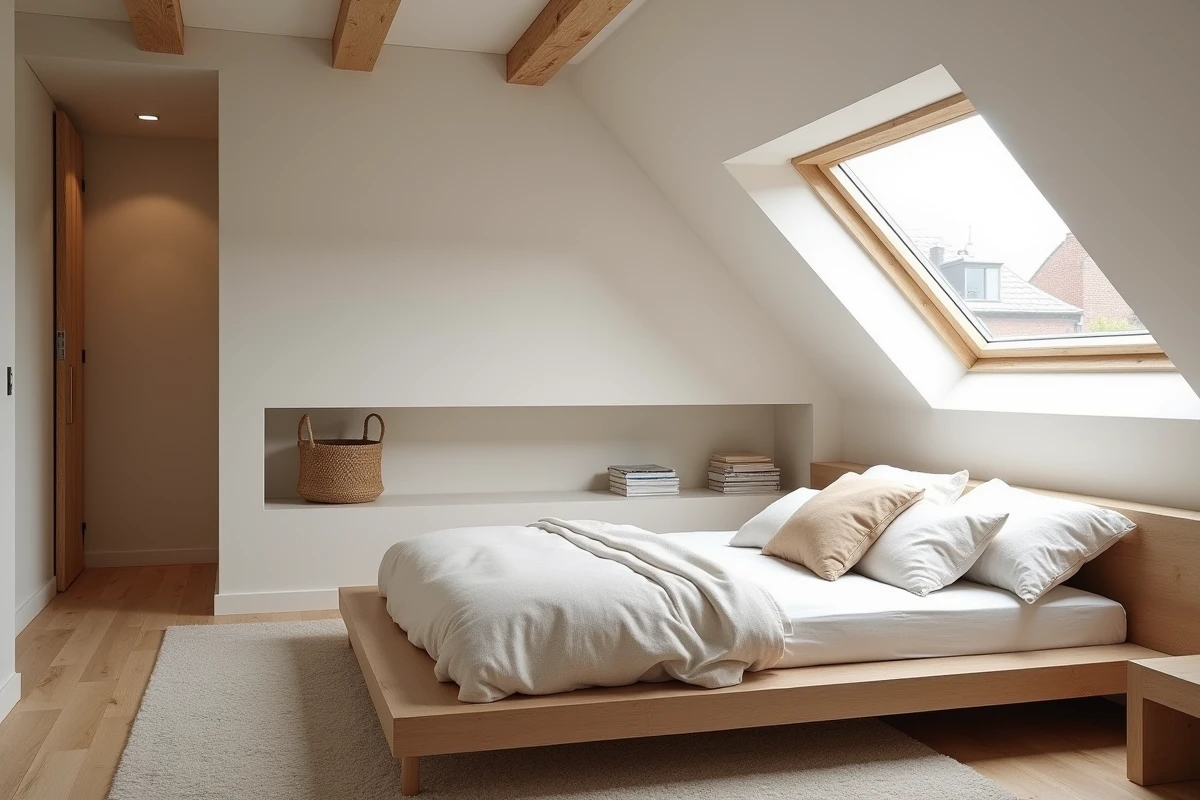 Chambre sous les combles au deuxième niveau d'un duplex T4 avec poutres apparentes et fenêtre de toit