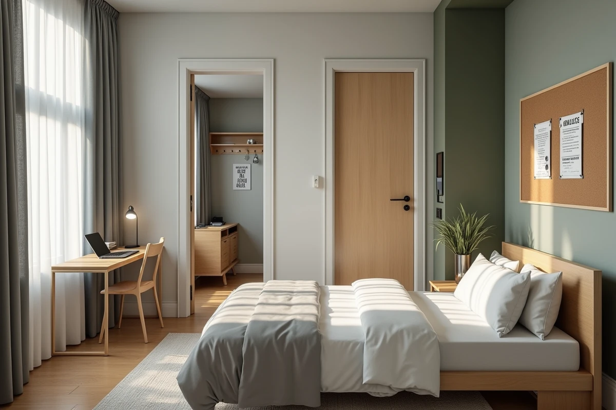 Chambre privée dans un espace de coliving avec couloir commun et tableau d'affichage des règles et du bail