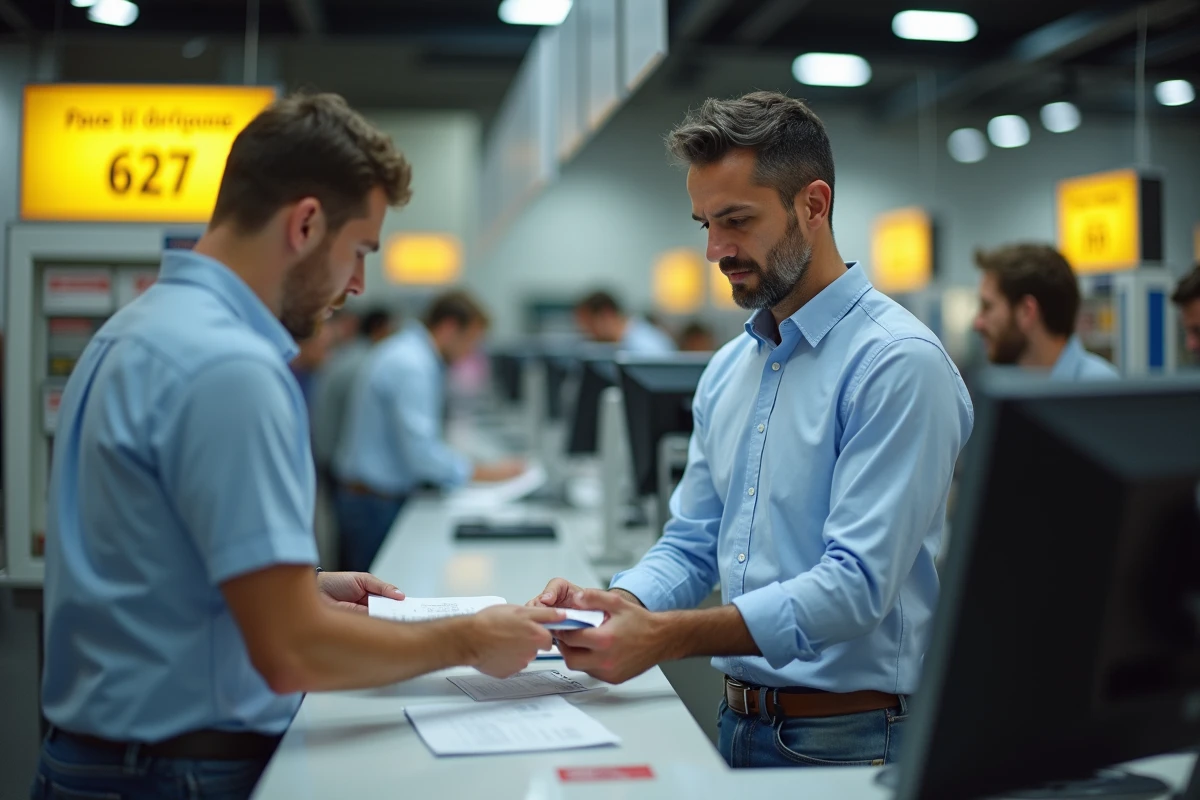 Homme effectuant un changement d'adresse au guichet d'un bureau de poste