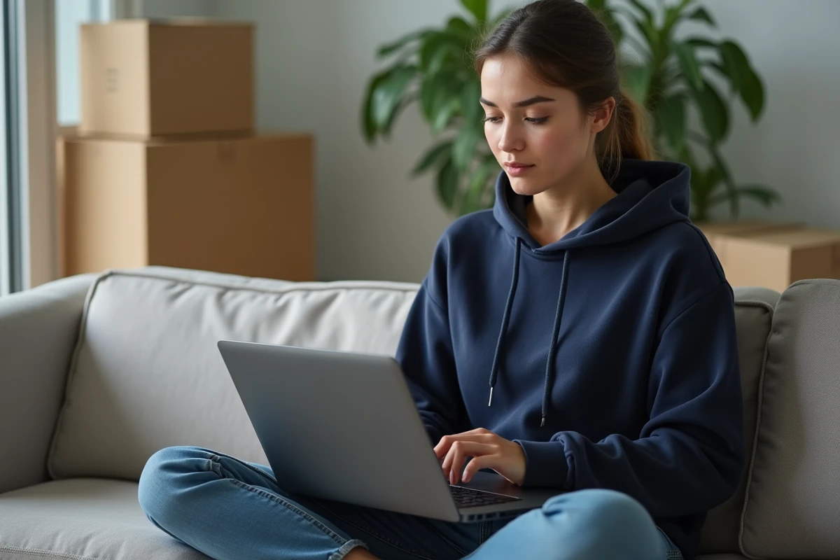 Jeune femme mettant à jour son adresse en ligne sur un site administratif depuis son canapé