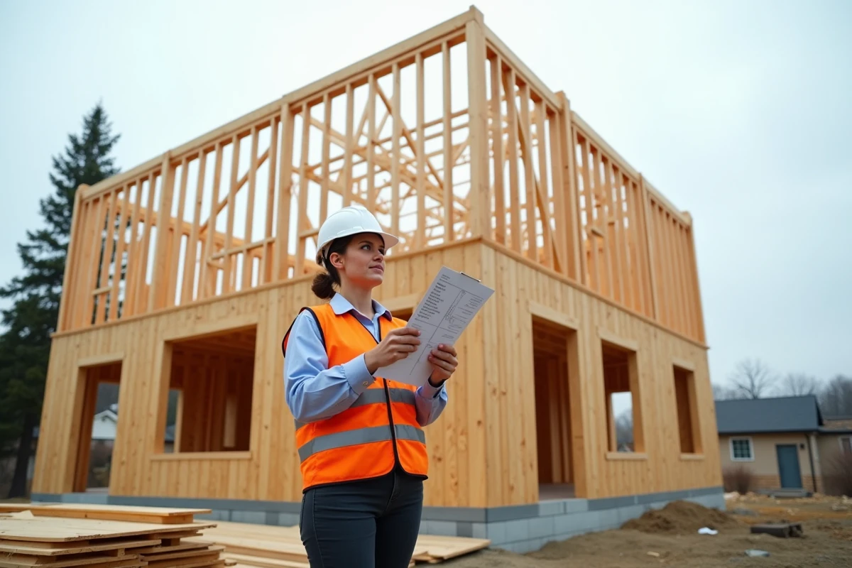 Chantier de maison ossature bois avec structure en bois visible et conductrice de travaux consultant un devis de construction